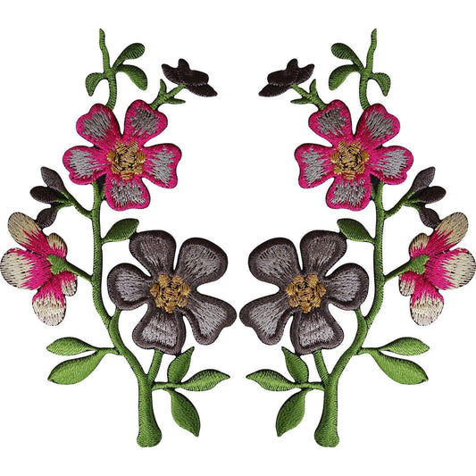 Pair of Pink Grey Flower Patches Iron On Sew On Flowers Embroidered Patch Badge
