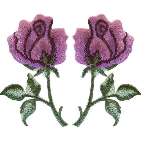Pair of Pink Rose Patches Iron / Sew On Clothes Embroidered Flower Patch Badge
