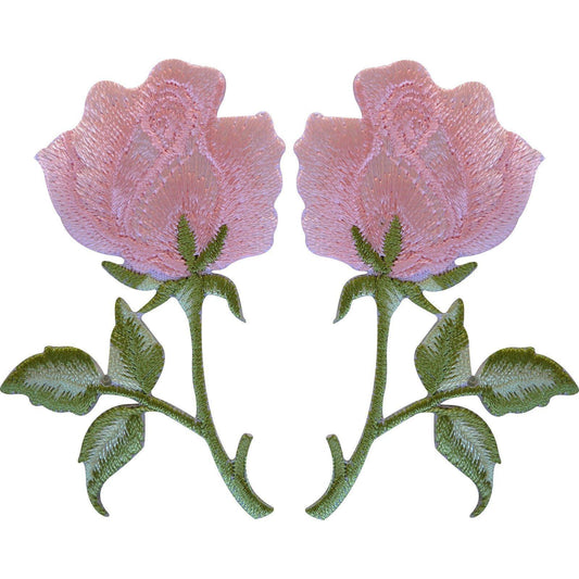 Pair of Pink Roses Patches Iron On / Sew On Embroidered Rose Flower Patch Badge