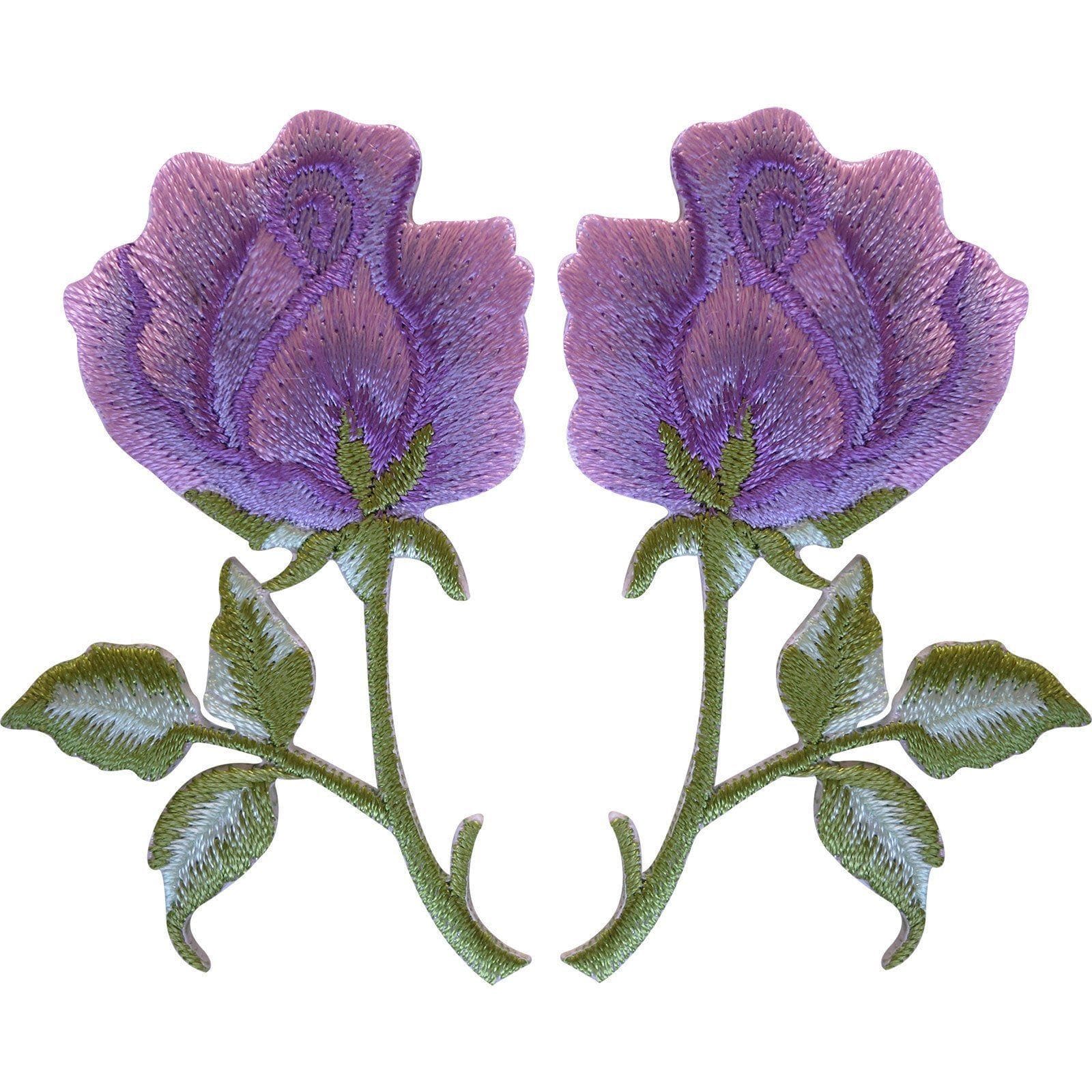 Pair of Purple Lavender Rose Patches Iron Sew On Roses Flower Clothes Bag Patch