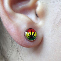 Pair of Rasta Cannabis Leaf Magnetic Clip On Silver Surgical Steel Stud Earrings