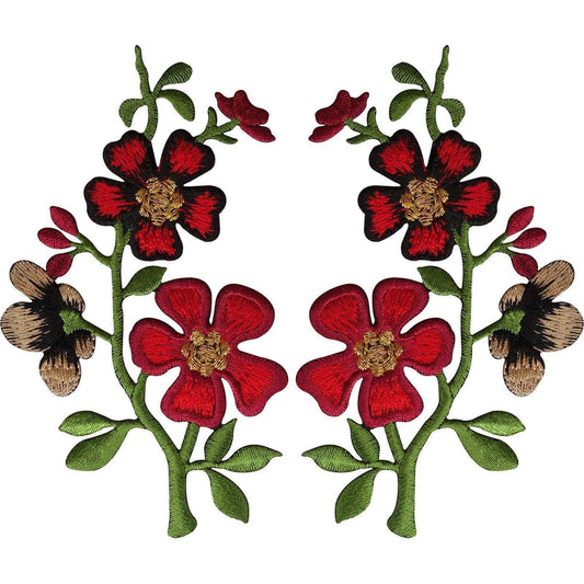 Pair of Red Black Flower Patches Iron On Sew On Flowers Embroidered Patch Badge