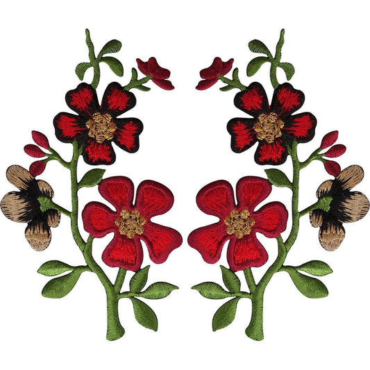 Pair of Red Black Flower Patches Iron On Sew On Flowers Embroidered Patch Badge
