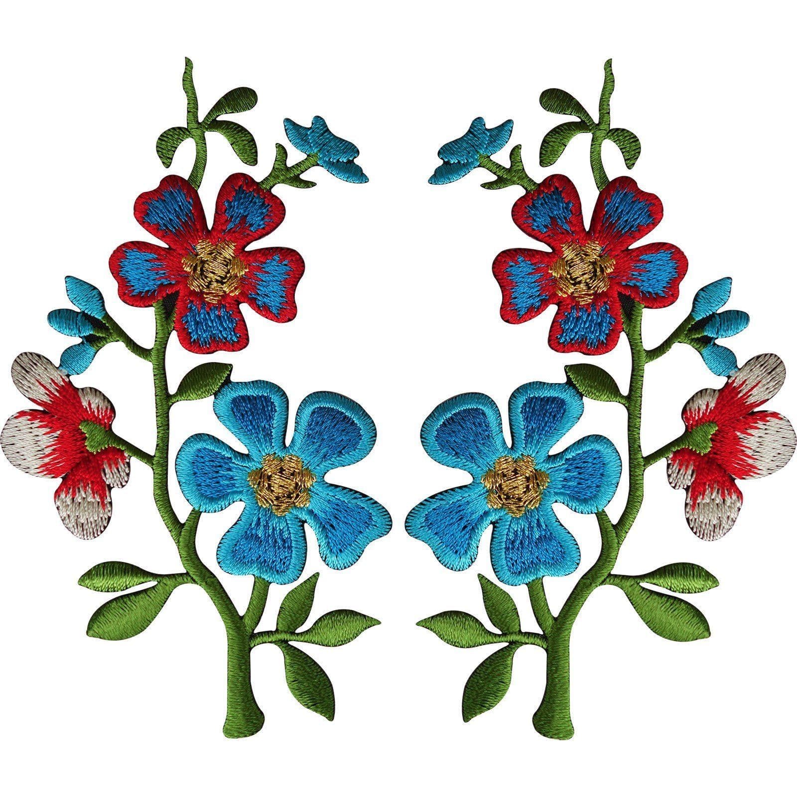 Pair of Red Blue Flower Patches Iron On Sew On Flowers Embroidered Patch Badge