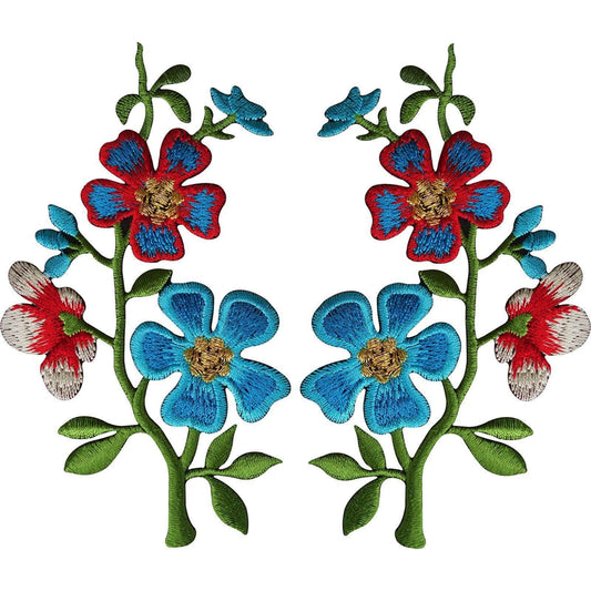 Pair of Red Blue Flower Patches Iron On Sew On Flowers Embroidered Patch Badge