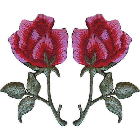 Pair of Red Pink Roses Patches Iron Sew On Embroidered Rose Flower Patch Badge