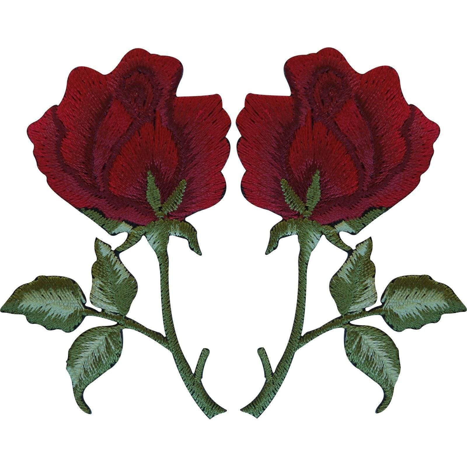 Pair of Red Roses Patches Iron On / Sew On Embroidered Rose Flower Patch Badge