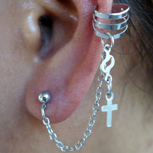 Pair of Silver Cross Earrings Wrap Cuff Clip Drop Dangle Chain Studs Jewellery