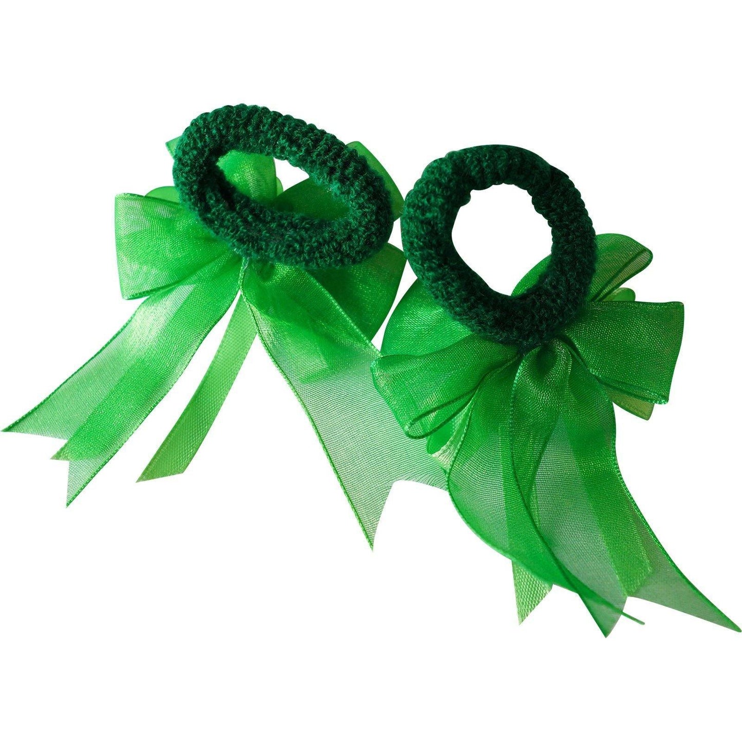 Pair of Small Green Hair Bow Ribbon Scrunchie Elastics Bobbles Girls Accessories