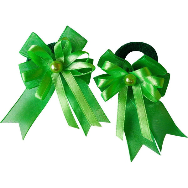 Pair of Small Green Hair Bow Ribbon Scrunchie Elastics Bobbles Girls Accessories