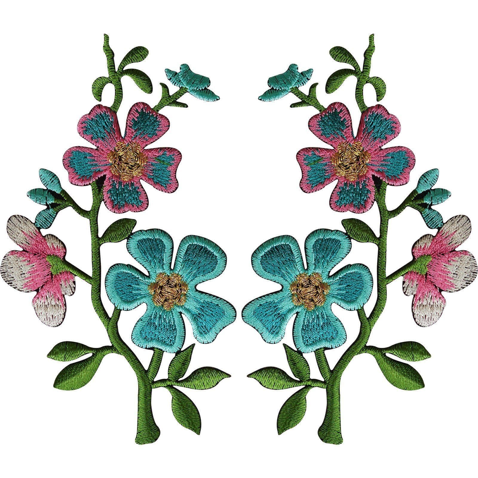 Pair of Turquoise Green Pink Flower Patches Iron Sew On Embroidered Patch Badge