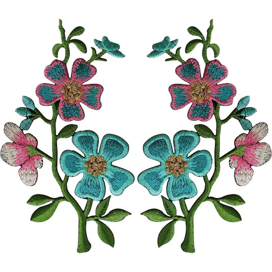 Pair of Turquoise Green Pink Flower Patches Iron Sew On Embroidered Patch Badge