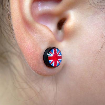 Pair of UK Flag Magnetic Clip On Black Stud Earrings Brit Union Jack Mens Womens