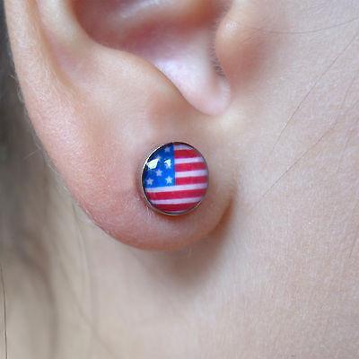 Pair of USA Flag Magnetic Clip On Silver Surgical Steel Stud Earrings Jewellery