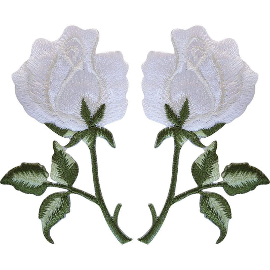 Pair of White Rose Patches Iron On Sew On Embroidered Roses Flowers Patch Badge