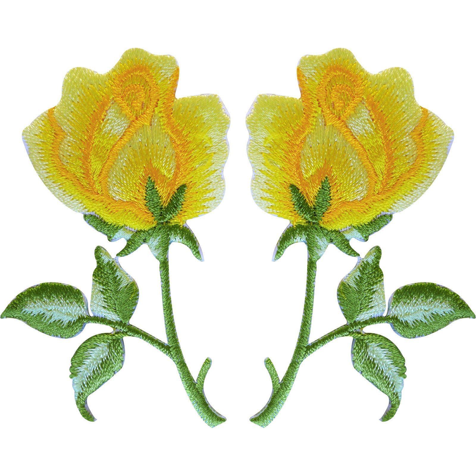 Pair of Yellow Rose Flower Patches Embroidered Iron On Sew On Roses Patch Badge