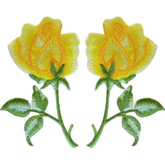Pair of Yellow Rose Flower Patches Embroidered Iron On Sew On Roses Patch Badge