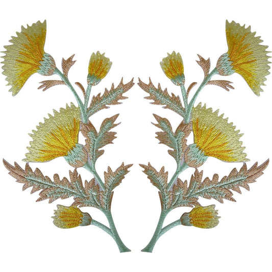 Pair of Yellow Thistle Flower Patches Iron Sew On Embroidery Patch Badge Flowers