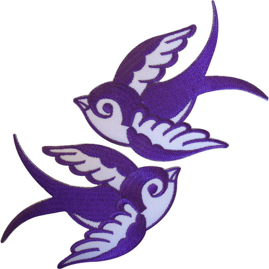Pair Purple White Iron On Swallow Bird Patches Sew On Embroidered Patch Badge