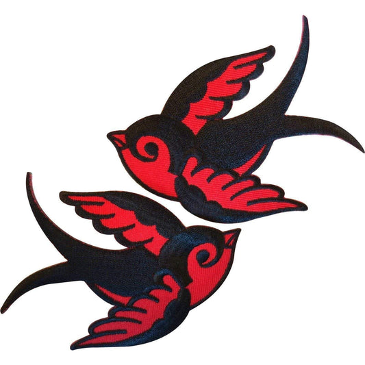 Pair Red Black Iron On Swallow Bird Patches Sew On Embroidered Biker Patch Badge