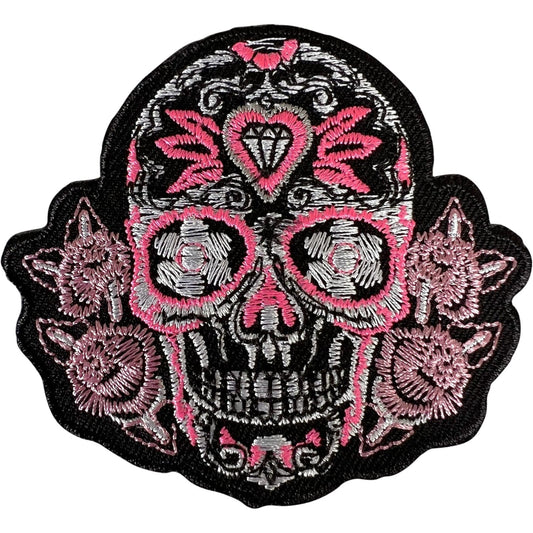 Pink Black Flower Sugar Skull Patch Iron On Sew On Clothes Bag Embroidered Badge