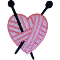 Pink Heart Knitting Needles Patch Iron Sew On Shirt Bag Jeans Embroidered Badge