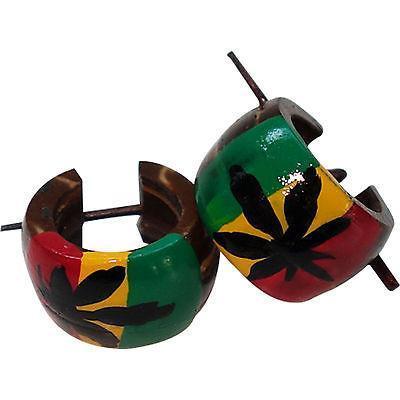 Rasta Cannabis Leaf Wood Hoop Stick Huggie Stud Earrings Mens Womens Jewellery