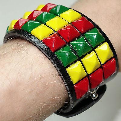 Rasta Reggae Pyramid Stud Check Bracelet Wristband Bob Marley Hippie Cuff Bangle