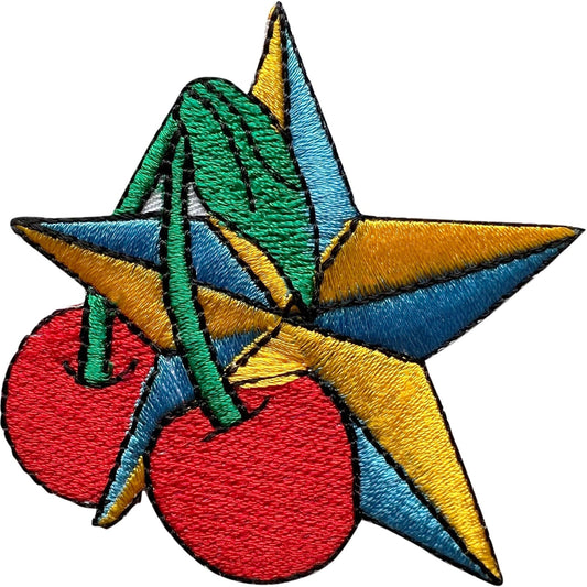 Red Cherry Star Patch Iron On Sew On Jeans Jacket Bag Cherries Embroidered Badge