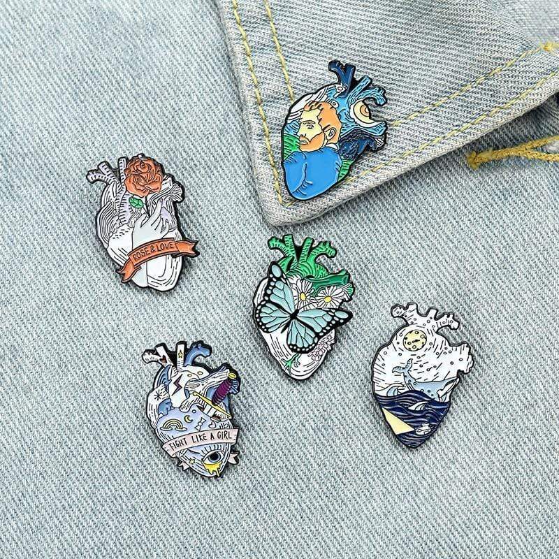 Set of 5 Heart Organ Enamel Lapel Pin Badges Metal Brooches - Butterfly Flowers Rose Love Van Gogh Whale Ocean Moon Girl Power