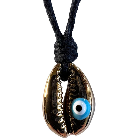 Shiny Gold Colour Sea Shell Evil Eye Pendant Necklace Black Cord Chain Jewellery