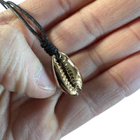 Shiny Gold Colour Shell Pendant Necklace Black Cord Chain Mens Womens Jewellery