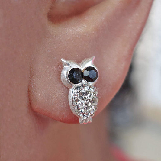 Silver Owl Earrings 925 Sterling Jewellery Pair Crystal Ear Studs Ladies Girls