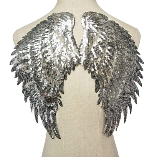 Silver Sequin Angel Wings Sew On Patch / Iron On Large Cherub Wings Embroidered Badge Sequins Embroidery Applique