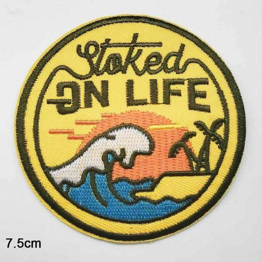 Stoked On Life Patch Iron On Sew On Surfer Embroidered Badge Sun Sea Beach Palm Trees Embroidery Applique