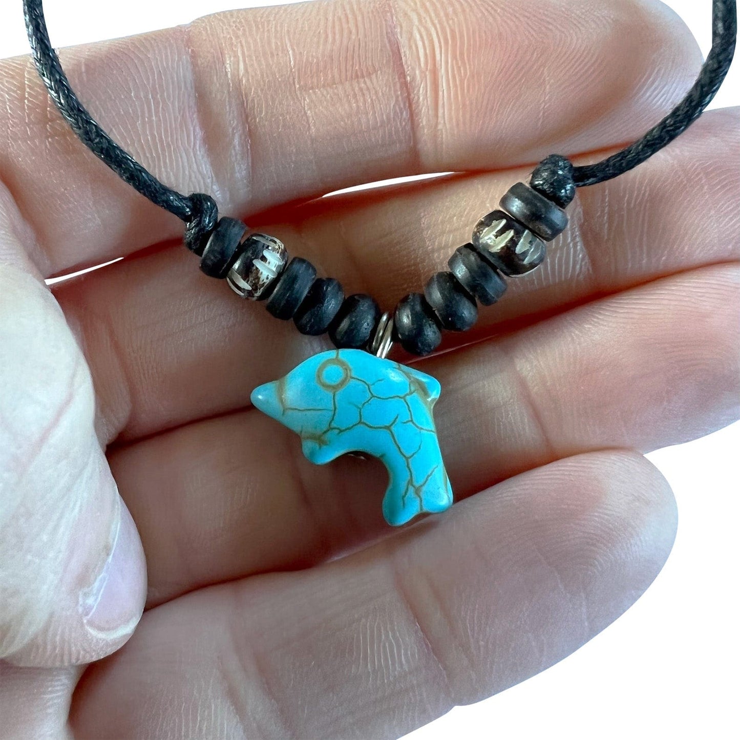 Turquoise Dolphin Pendant Necklace Black Cord Chain Mens Womens Kids Jewellery