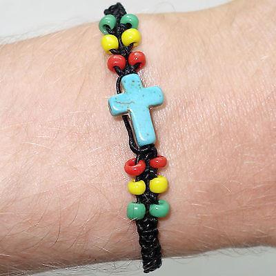 Turquoise Jesus Cross Bracelet Wristband Bangle Mens Womens Rasta Reggae Jewelry