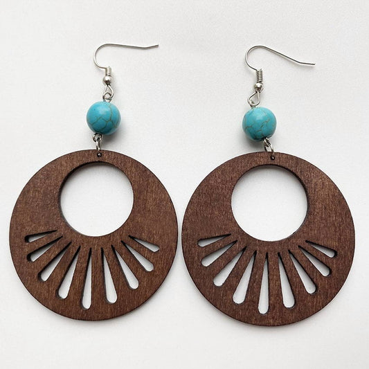 Turquoise Round Wood Earrings