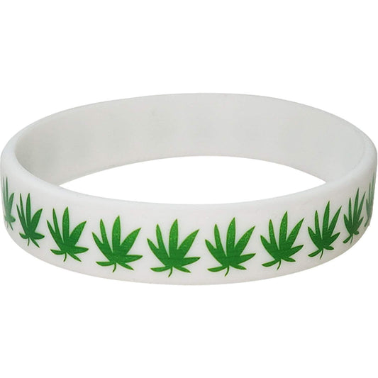 White Cannabis Leaf Rubber Silicone Hippy Wristband Bracelet Bangle Womens Mens
