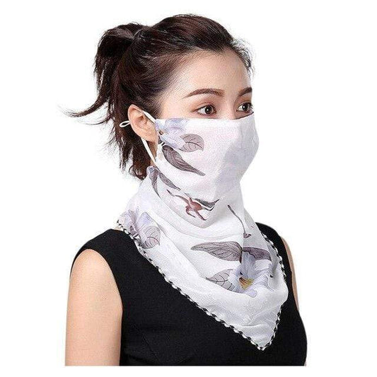 White Floral Reusable Fabric Face Mask Washable Face Covering Chiffon Silk Scarf