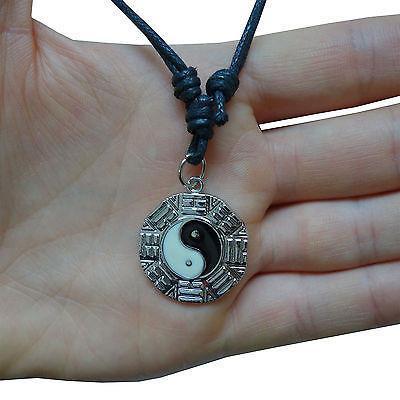 Yin Yang Bagua Octagon Compass Feng Shui Map Silver Tone Pendant Chain Necklace